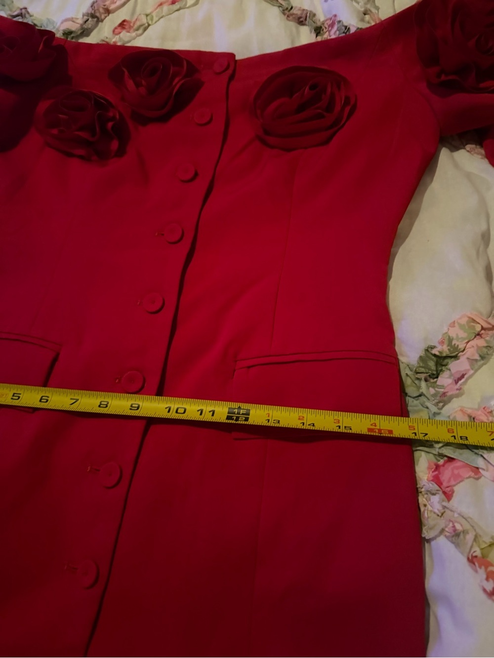 Lucy Paris Red Off-Shoulder Long Sleeve Dress with Floral Appliqué - Picture 6 of 8